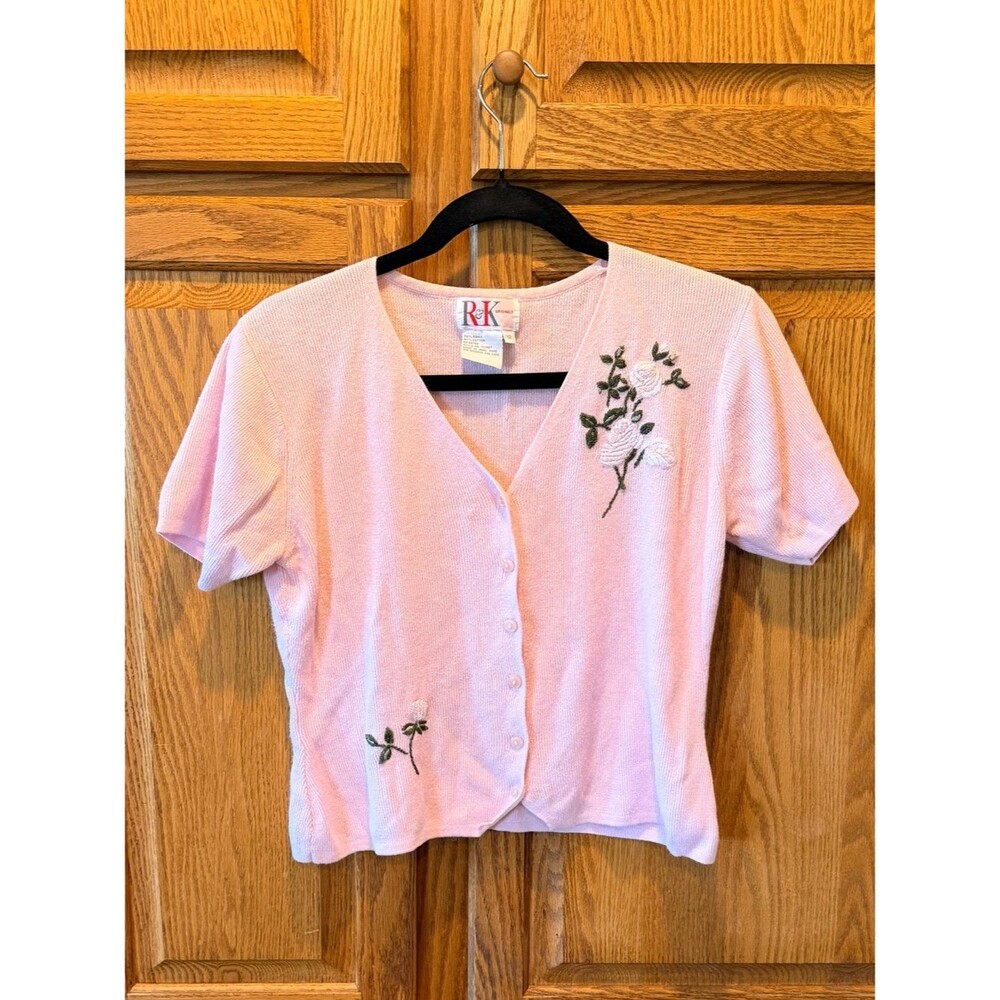 Vintage Cottagecore Cropped Cardigan R&K size 12 V Neck Short Sleeve Floral